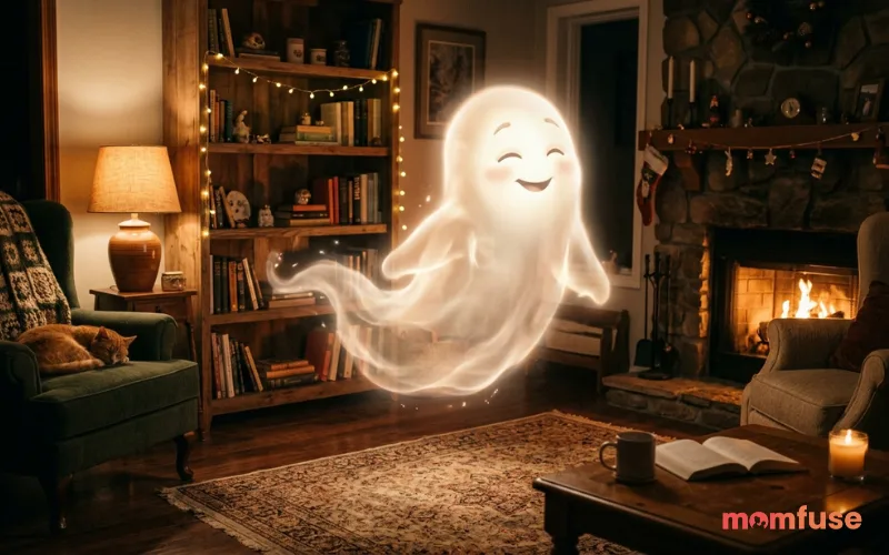 Soft glowing friendly ghost floating in cozy home interior, warm lighting, gentle smile, realistic soft shadows