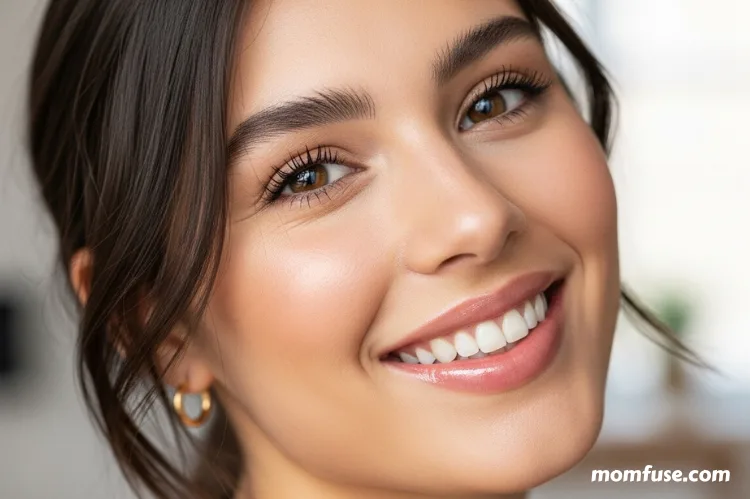 Woman smiling with glossy hydrated lips, lightweight lip gloss texture visible, everyday beauty look.