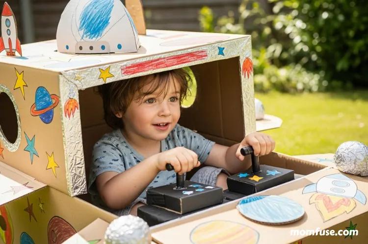 A child with a cardboard box transformed into a spaceship.