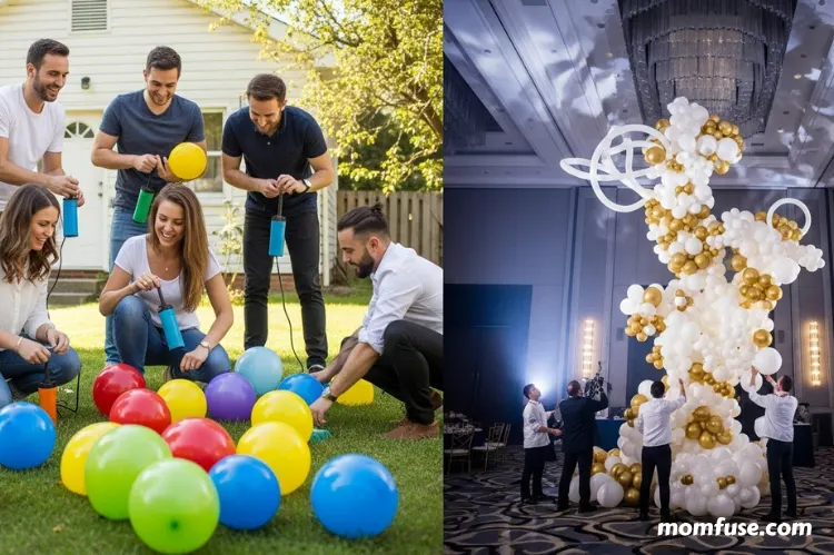 a DIY setup with friends inflating balloons vs. a team of pros installing a massive balloon.