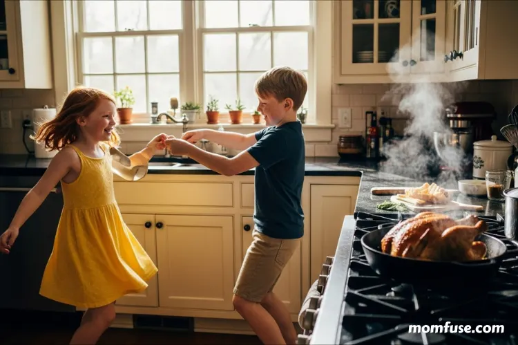 Siblings dancing playfully in a kitchen while dinner cooks on the stove.