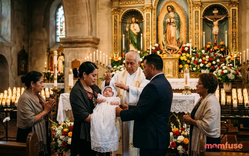 Baby blessing ceremony in Hispanic tradition, saint imagery, candles, flowers, soft golden church lighting