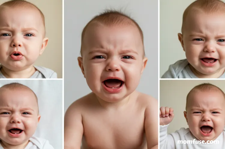 Collage-style image different baby cry expressions: hungry, tired, in pain, fussy, seeking attention.