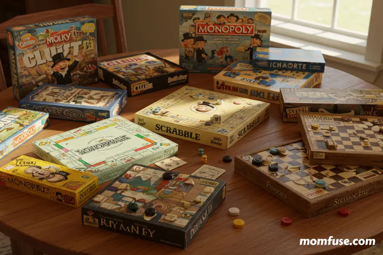 A tabletop filled with a wide variety of board games—classic family games.