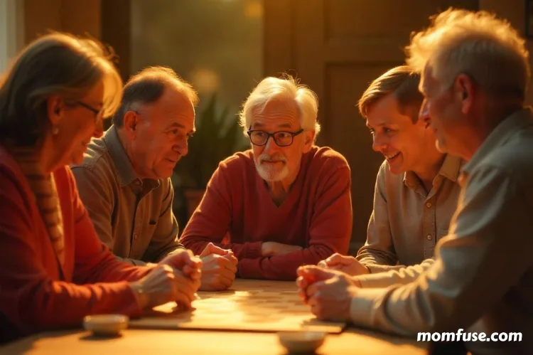 Group of people of different ages sitting around a board game in an animated discussion.