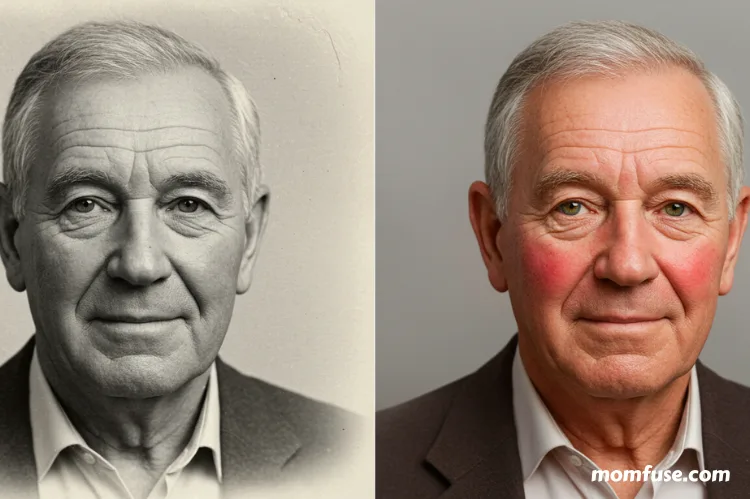 A side-by-side portrait of a grandfather: left half in faded black and white, right half in rich color.