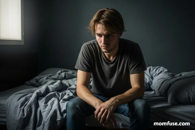 A distressed individual sitting on a bed in a dark room.
