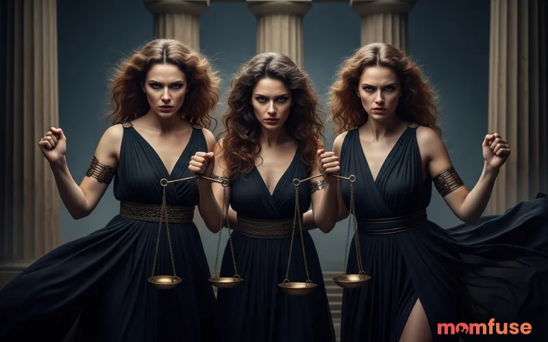 Three powerful women with intense and angry expressions standing together, inspired by ancient Greek mythology, dark dramatic lighting, flowing black dresses, strong emotional faces symbolizing vengeance and justice,