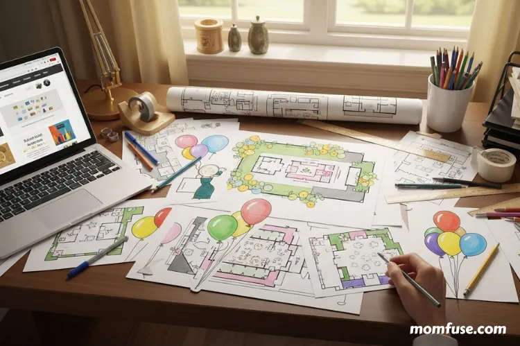 an event planner’s desk with venue floor plans balloon sketches. -balloon decor tools