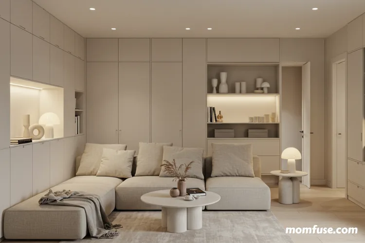 An organized, clutter-free living room with neutral tones, built-in storage, and minimalist furniture. 