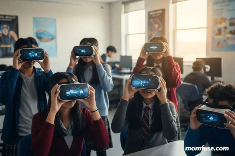 Students wearing VR headsets in a classroom, engaging in interactive simulations.