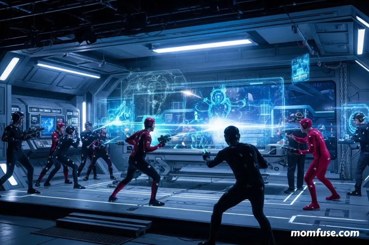 A futuristic virtual film set with actors wearing motion capture suits.