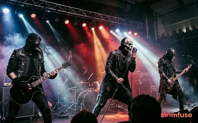 Dark concert stage with masked performers in gothic outfits, heavy fog, dramatic spotlights, realistic rock performance atmosphere
