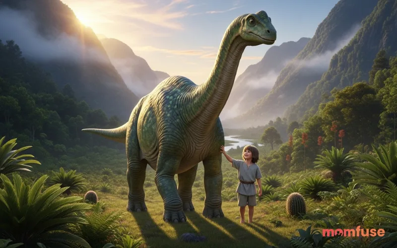 Friendly Apatosaurus and small human boy walking through lush valley, golden hour lighting, cinematic realism