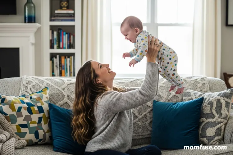 A woman juggling one baby on a couch while.