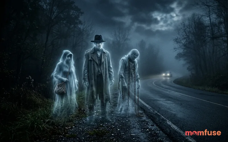 Three ghostly figures standing on a foggy roadside at night, one with bag, one tall with hat, one with chain, realistic eerie lighting