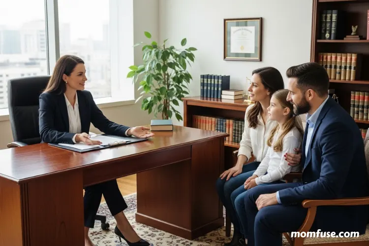 A professional compassionate law office scene with a lawyer guiding a family.