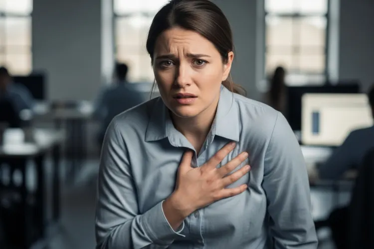 Woman clutching her chest in anxiety at work.