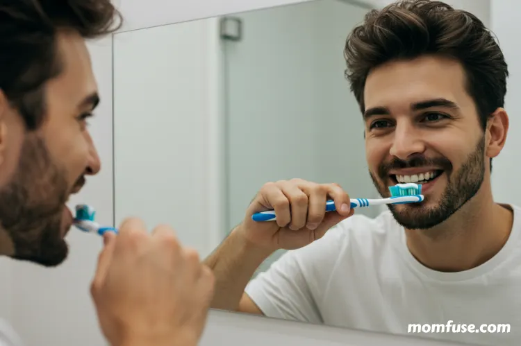 A man brushing their teeth with fluoride toothpaste in front of a mirror.