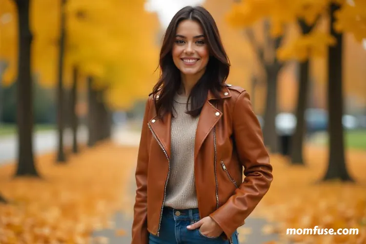 A confident mom standing in a park smiling.