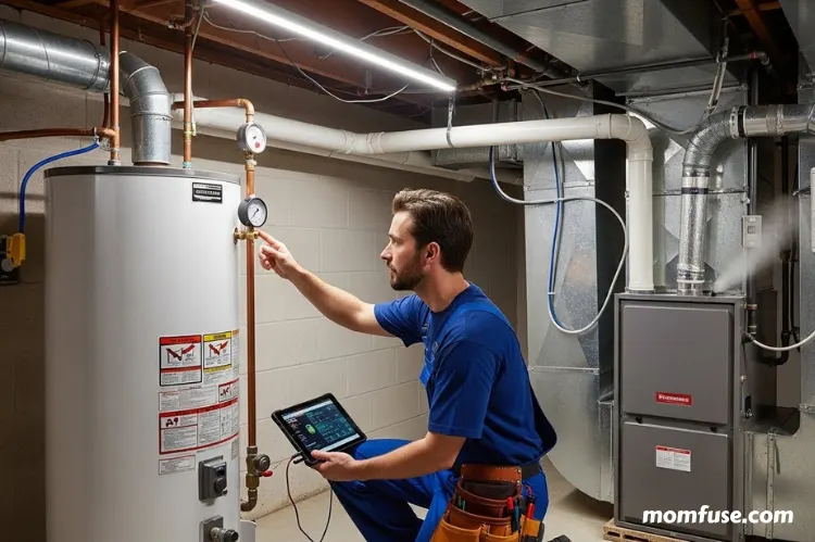 A technician inspecting HVAC and water heater systems together, showing interconnected home systems.