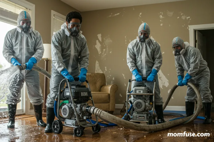 A team professional restoration workers remove standing water from a home.