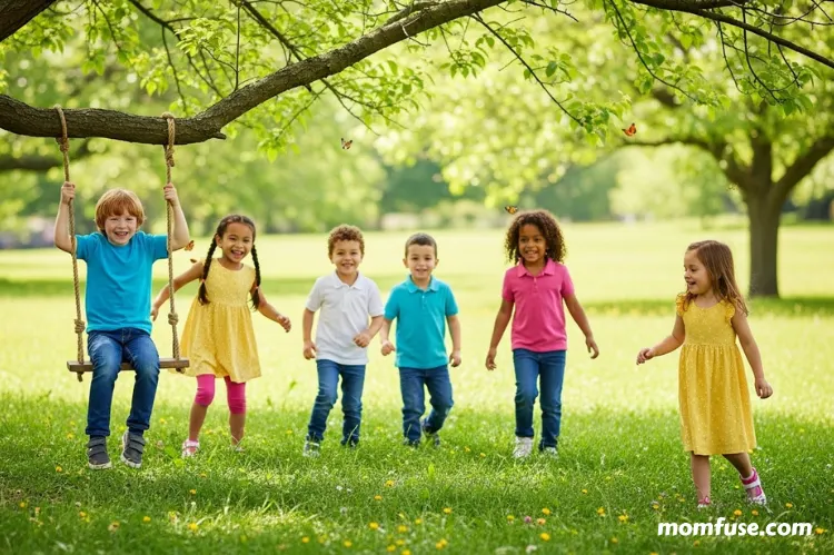 Children playing freely in a grassy park.