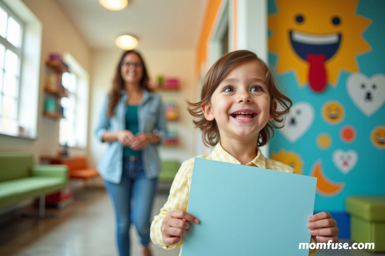 A child entering a colorful, kid-friendly dental office