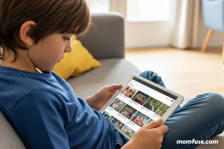 A child scrolling on a tablet while algorithmic content.