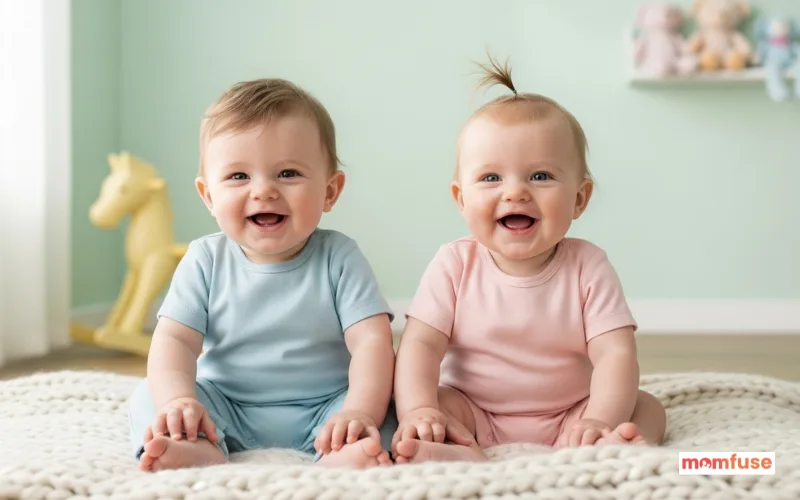 Baby boy and baby girl sitting next to each other on a soft blanket.