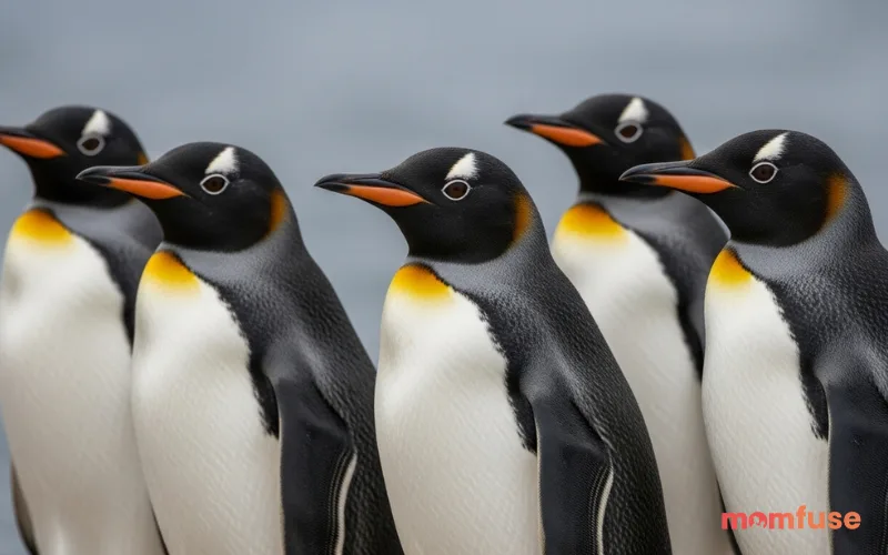 Four penguins standing in formation like a squad, alert expressions, icy terrain, cinematic symmetry, realistic photo