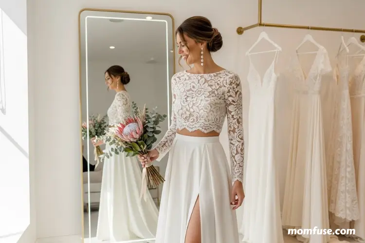 Modern bride in a contemporary wedding setting, choosing a unconventional gown.