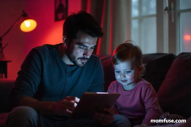 A father at home working on a tablet while a toddler plays beside them.-fexible career paths