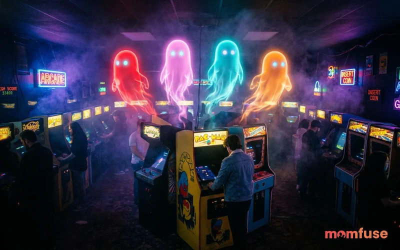 Dark arcade room with four glowing colored ghost-like figures (red, pink, cyan, orange) floating in smoky air, neon lights, realistic cinematic lighting