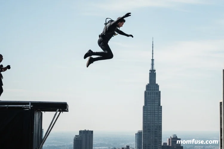 A stuntman mid-air jumping from a tall building.