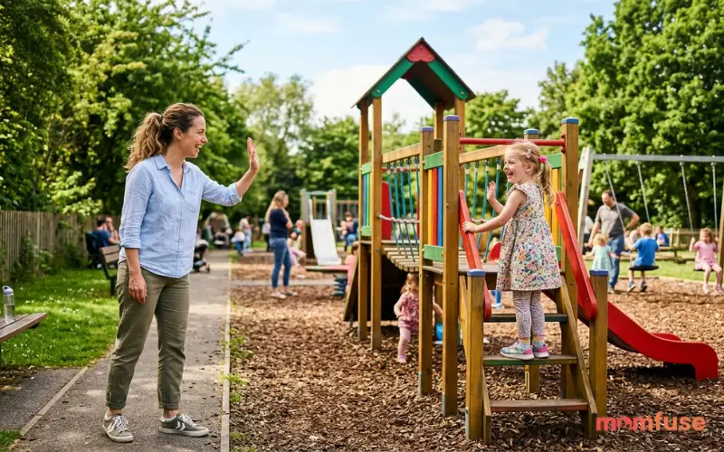 Mother calling little girl playing in park, sunny playground scene, happy family moment
