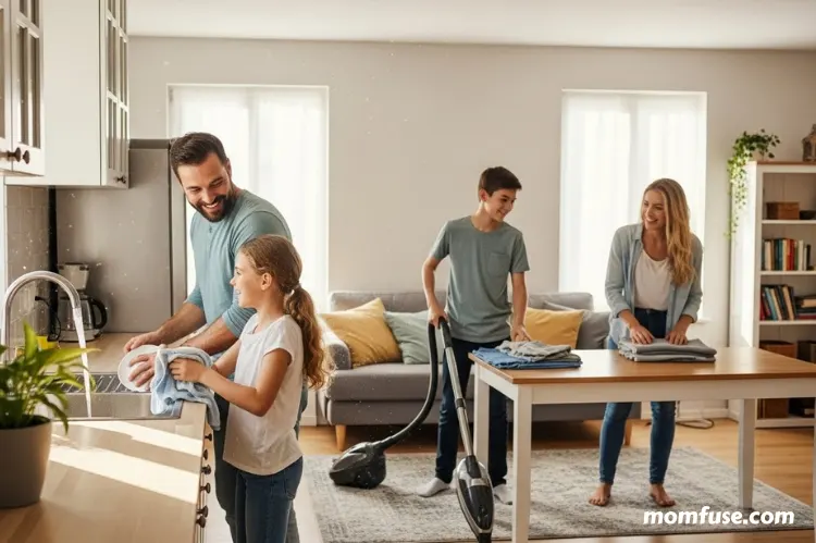 family members sharing household tasks together.