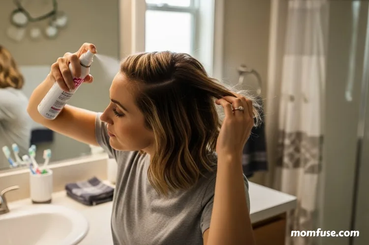 Woman applying dry shampoo to roots, casual home bathroom setting.