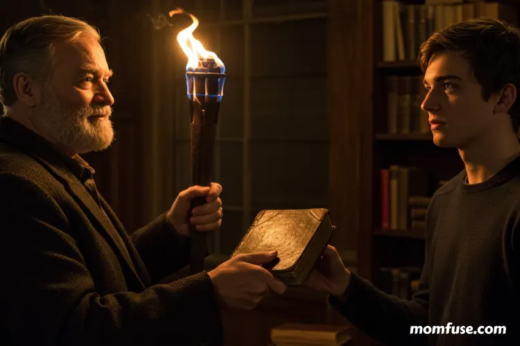 A mentor handing a torch a book to a young adult.