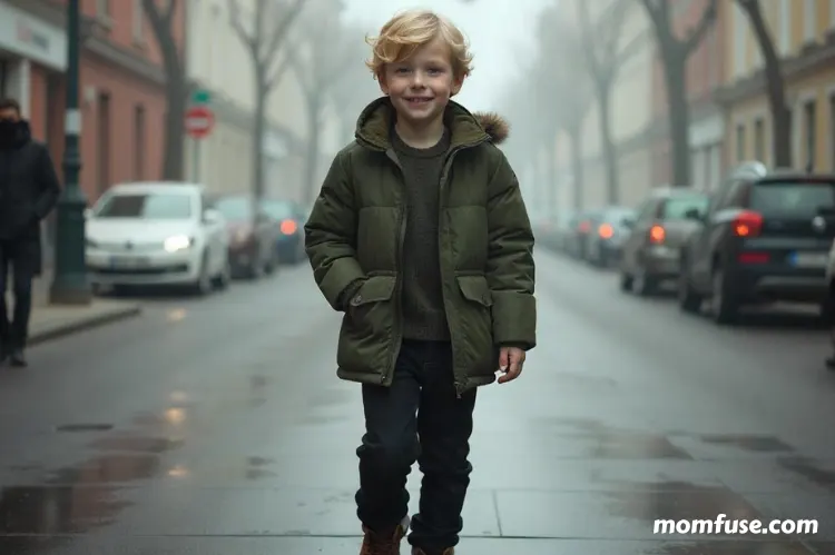 A stylish young boy confidently walking in an urban street.