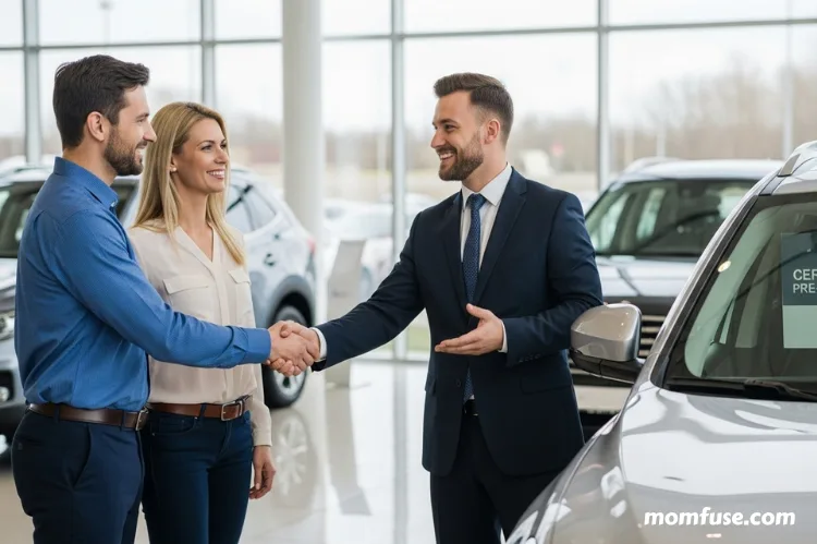 Confident parents at a car dealership shaking hands with a salesperson beside a certified preowned.