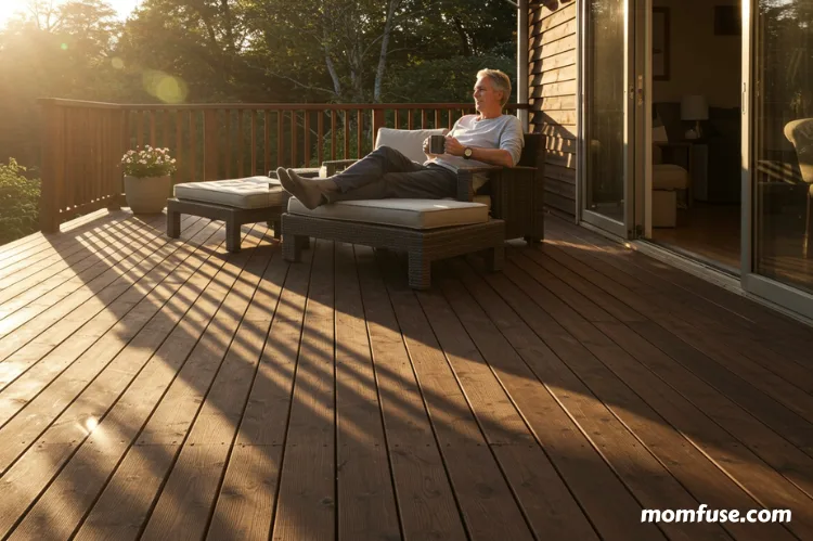 Relaxed homeowner enjoying morning coffee on a beautifully finished wooden deck with sunlight.