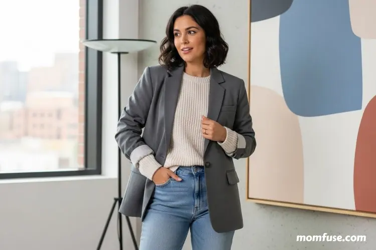 A woman layering a tailored blazer over a casual outfit, standing in a modern indoor space.