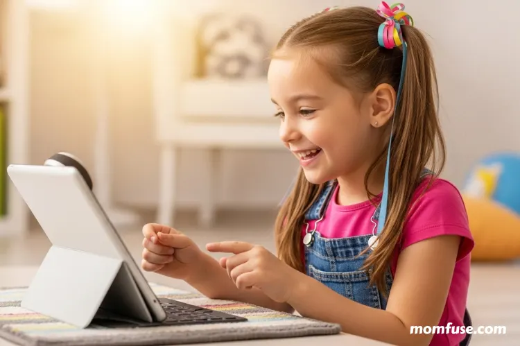 A child girl smiling while talking to a AI tablet. -smart parenting trends