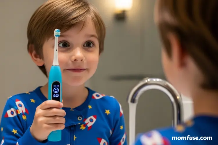 A child using an electric smart toothbrush.