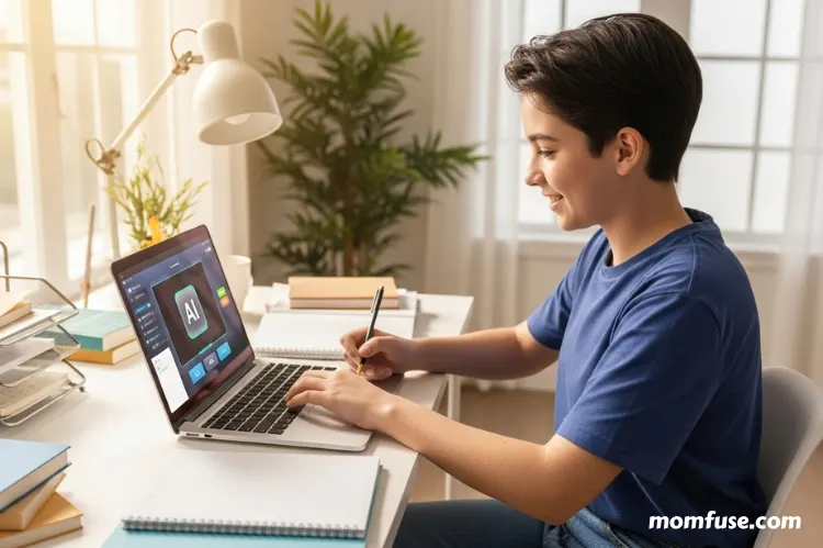 Teenage student at home learning on a laptop AI.