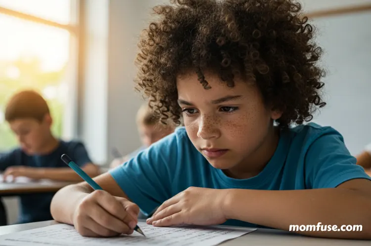 a child looking anxious in front of a math test.