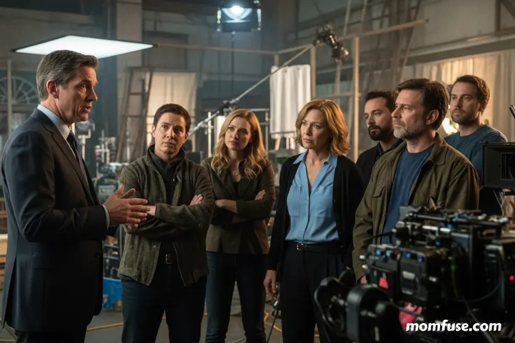 A serious legal meeting on a movie set.