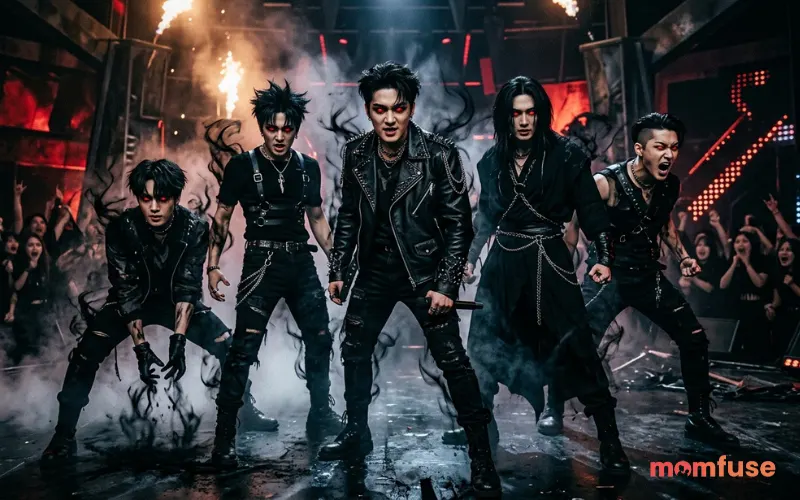 “K-pop demon boy group villains, dark outfits, red glowing eyes, shadow energy, stylish and dangerous, cinematic anime style”