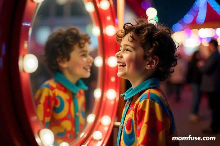  a child boy standing of a mirror shows him happy and confident.